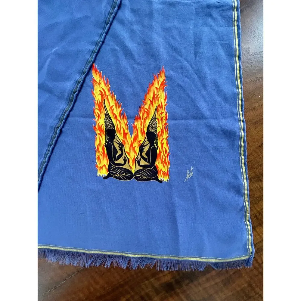 RARE Vintage Erte Silk Alphabet Scarf Letter M Art Deco Blue Hand Rolled Hem